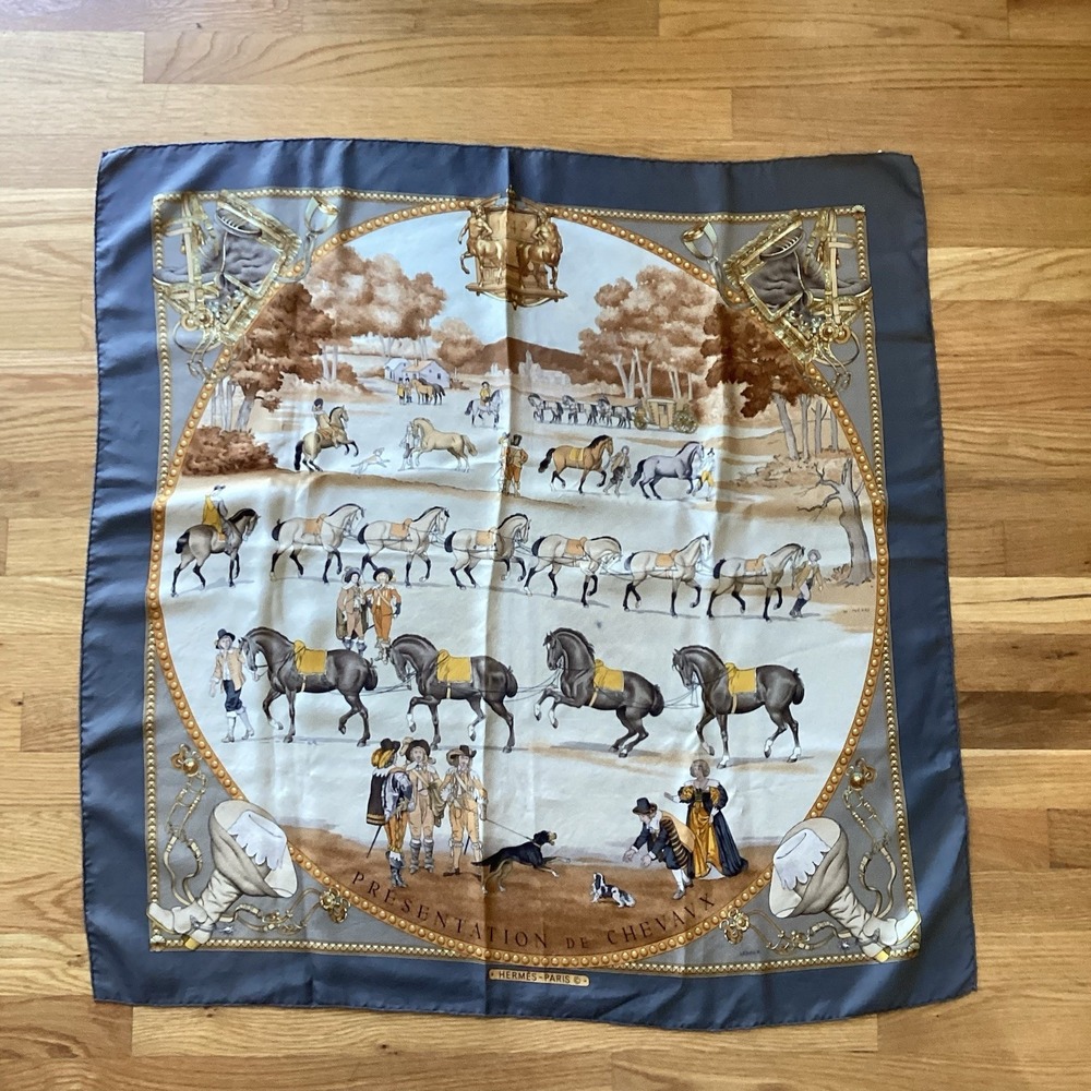 Hermes Vintage Presentation de Chevaux Silk Scarf Gray Gold Equestrian Print 34"